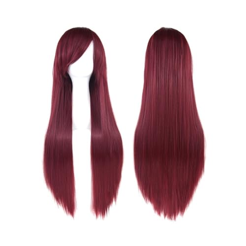 80 cm lange, glatte Perücke, Cosplay-Perücke, synthetische Perücken mit Pony for Halloween, Anime-Haar for Damen, Kostümparty Daily Use(Burgundy) von jianjunchaling