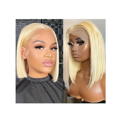 Glatte blonde Bob-Perücke, Echthaar, 13 x 4 HD, transparente Lace-Front-Perücken for Frauen, 150 Dichte Daily Use(14inches) von jianjunchaling