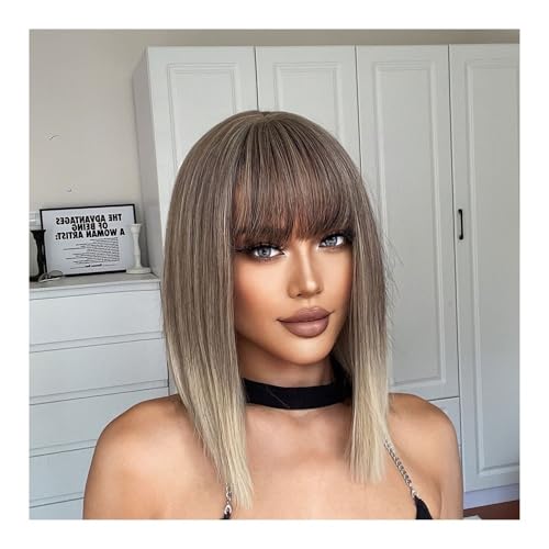 Graublonde, kurze Bob-Ombre-Kunsthaarperücken, mittellange, glatte, aschgraue Cosplay-Haare mit Pony for Frauen, Afro, natürlich, hitzebeständig Daily Use von jianjunchaling