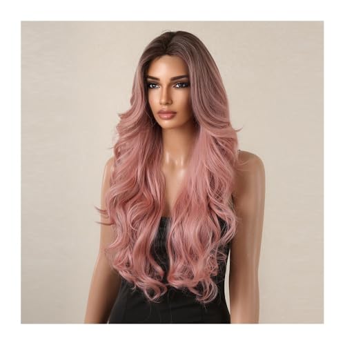 Haaransatz Spitze Lange Lockenhaarperücken Braun Rosa Synthetische Perücke for Frauen Körperwelle Spitzenhaar Rosa Cosplay Perücke Hitzebeständig Daily Use von jianjunchaling