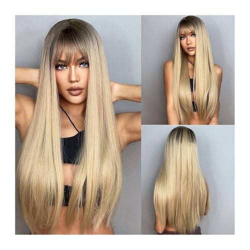 Hellblonde Haarperücke mit dunklen Haarwurzeln, lange, glatte Kunsthaarperücke mit Pony for weiße Frauen, hitzebeständige, glatte Faserperücken mit natürlichem Haaransatz Daily Use Hellblonde Haarperücke mit dunklen Haarwurzeln, lange, glatte Kunsthaarperücke mit Pony for weiße Frauen, hitzebeständige, glatte Faserperücken mit natürlichem Haaransatz Daily Use von jianjunchaling