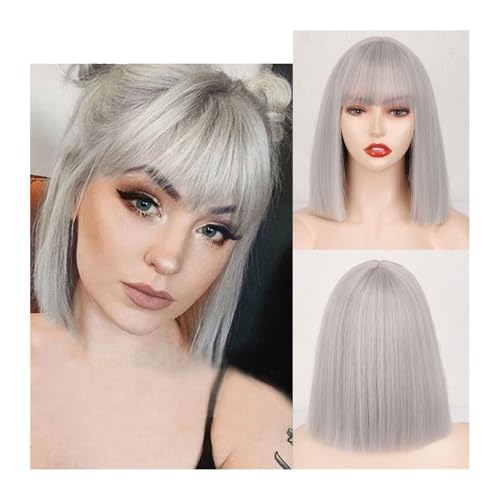 Kurzer synthetischer silbergrauer Bob mit Pony, kurze glatte Bob-Perücke for Frauen, Cosplay, tägliche Party, rot-schwarz-rosa, 11 Zoll Daily Use von jianjunchaling