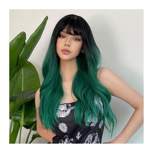 Lange lockige gewellte Waldgrüne alpine synthetische Perücken mit Pony Cosplay for Frauen Afro Wave Party Halloween Haar Daily Use von jianjunchaling