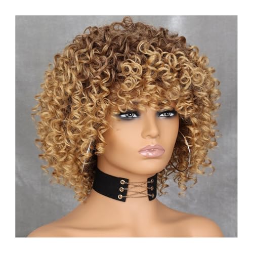 Lockige Afroblonde Perücke mit Pony, schulterlange Perücken, Afro-Perücken, synthetische lockige Vollperücke for Frauen Daily Use von jianjunchaling