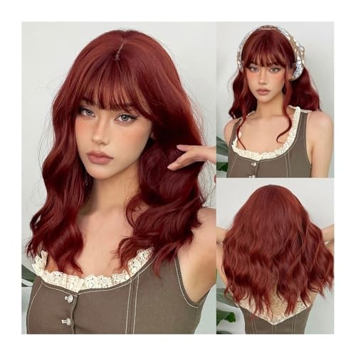 Mittellange rotbraune lockige Perücke mit Pony, synthetische Cosplay-Perücken aus gewelltem Naturhaar for Frauen, täglich hitzebeständige Faser Daily Use von jianjunchaling