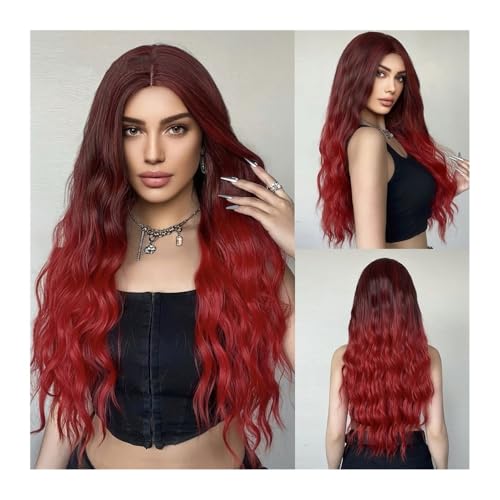 Ombre Weinrot Lange Wasserwellige Synthetische Perücken Burgunder Cosplay Frauen Perücke Mittelteil Natürliche Hitzebeständige Fasern Haar Daily Use von jianjunchaling