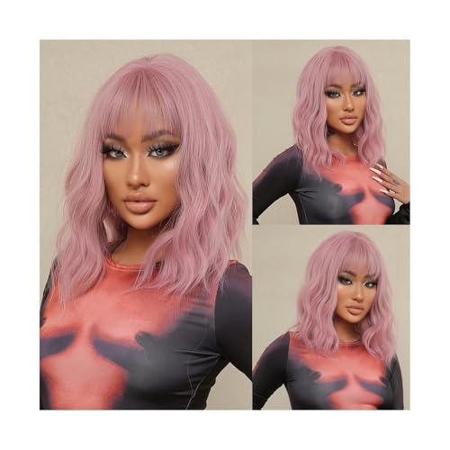 Schulterlange gewellte Perücke mit Pony, synthetische rosa Bob-Cosplay-Perücke for schwarze Frauen, amerikanisches natürliches hitzebeständiges Haar Daily Use von jianjunchaling