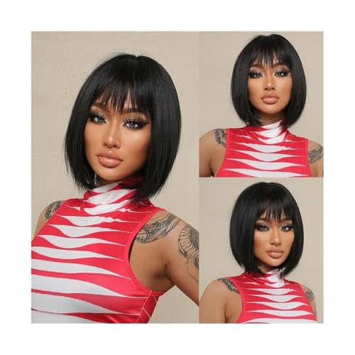 Schwarze Bob-Perücke aus Naturhaar, kurze, glatte Kunsthaarperücke mit Pony for Frauen, Cosplay, Haarperücke for den täglichen Gebrauch, hitzebeständige Faser Daily Use von jianjunchaling