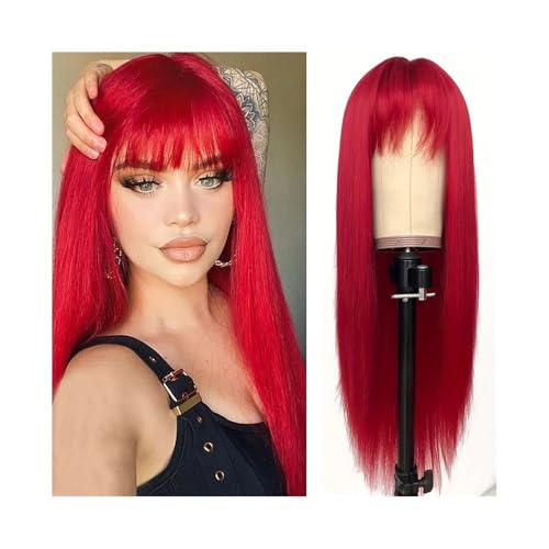 Synthetisch mit Pony, lang, gerade, for Damen, for Halloween, Cosplay, for den täglichen Gebrauch Daily Use(Wine Red) von jianjunchaling