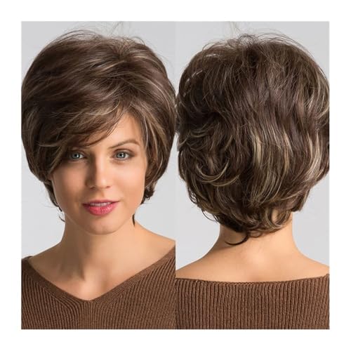 Synthetische Perücke mit gemischten braunblonden Highlights, kurzer Pixie-Schnitt, gewellte Bob-Perücke mit Pony for Frauen, natürliches hitzebeständiges Haar Daily Use von jianjunchaling