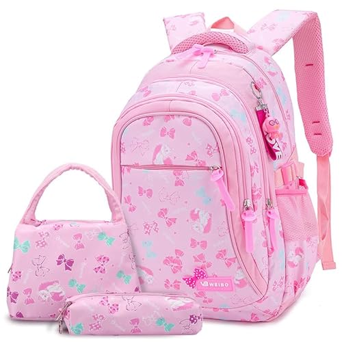 jianyana 3-teiliges Schultaschen-Set für Mädchen, Kinderrucksack, leichter Rucksack, Büchertaschen, Grundschüler (Schultasche, Rucksack, Lunchtasche + Federmäppchen), rose von jianyana