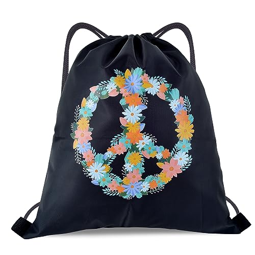 jiawaggag Turnbeutel Hippie Rucksack Flower Power Retro Schlagermove Accessoires für 60er 70er Jahre Herren Damen Mottoparty Fasching Karneval Orange (Schwarz) von jiawaggag