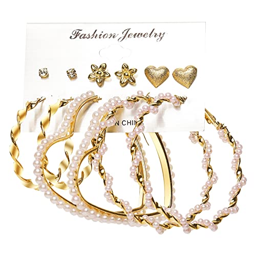 jieGorge 3 Paar Set aus Gold Perle für Frauen Mädchen Mode Kette Link Hoop Stud Drops baumeln Diese Ohrringe Boho Aussage Paperclip Ohrringe für Frauen Edelstahl Creolen Für Männer (A, One Size) von jieGorge