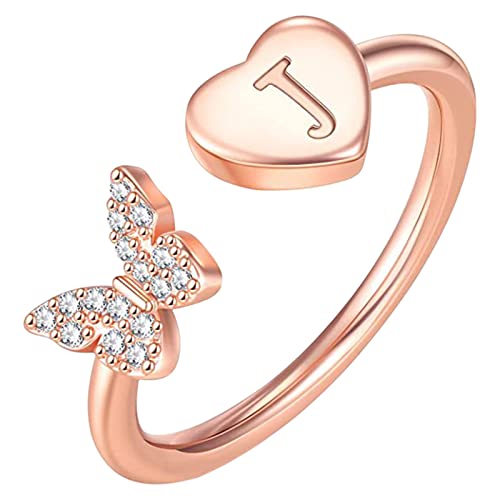 Coole Ringe für Teenager Stapelbare Anfangsringe für Frauen Mädchen Roségold plattierter Schmetterling Großbuchstabe Anfangsringe für Frauen Teenager Mädchen Buchstabenringe Stapelbare (J, One Size) von jieGorge