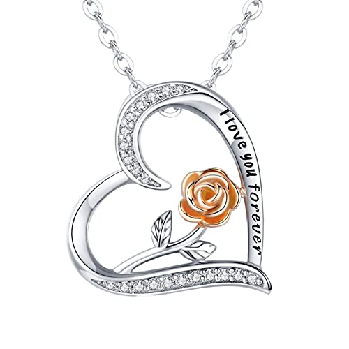 Halskette für Valentinstag für Frauen Für immer Liebe Herz Anhänger Halsketten für Frauen Rose mit Geburtsstein Weihnachten Geburtstag Jahrestag Schmuck Geschenk für Frauen Frau (Silver, One Size) von jieGorge