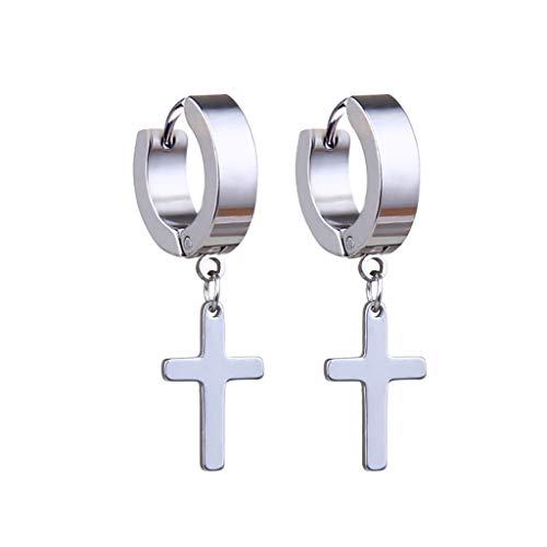 jieGorge Männer Frauen Edelstahl Kreuz Dangle Hoop Clip auf Ohrringe Piercing Ohrringe Kreativ (Silver, One Size) von jieGorge