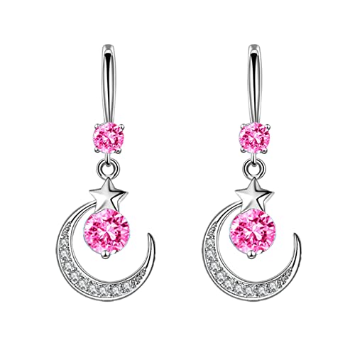jieGorge Stern Mond Wassertropfen Ohrringe dünn baumeln Elegante Strass Ohrringe Wassertropfen Kupfer Ohrringe für Frauen Piratenohrringe Für Männer (Pink, One Size) von jieGorge