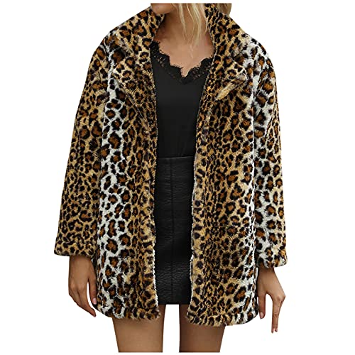 jieGorge Warme Jacken mit Leopardenmuster für Damen Wintermantel mit offener Vorderseite Kunstpelz-Gras-Strickjacke Rollschuh Ohrringe (Brown, M) von jieGorge
