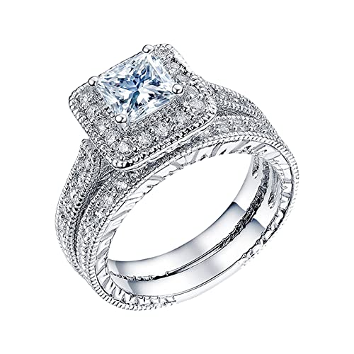 jieGorge Cooler Ring Set von 2 Paaren Princess Cut Diamond Set Ring Mode Luxus Frauen Verlobung Hochzeit Schmuck Modekreativer, Leichter, Verstellbarer Persönlichkeitsring für Damen (Silver, 5) von jieGorge