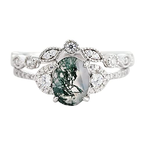 jieGorge Dick Ringe Oval Weißer Ring Luxus Oval Grünpflanze Muster Ring Hochzeit Verlobung Schmuck Geschenk Modekreativer, Leichter, Verstellbarer Persönlichkeitsring für Damen (Silver, 8) von jieGorge