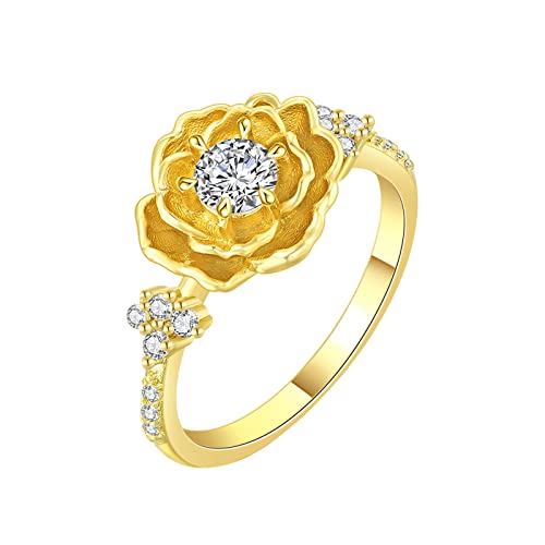 jieGorge Ehering~Set für Frauen 3D Blumen Zirkon Microset Ring Vintage Exquisite Damen Ring für Frauen Schmuck Geschenke Modekreativer, Leichter, Verstellbarer Persönlichkeitsring für Damen (Gold, 6) von jieGorge