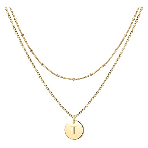 jieGorge Halskette mit Gravur Herz Mode Damen Buchstabe Buchstaben Halskette Kette 26 Kreisförmiger doppellagiger Hals Kettenhalsketten (T, One Size) von jieGorge