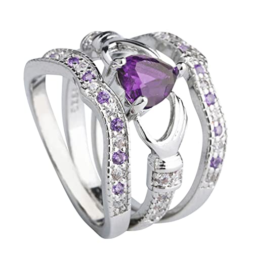jieGorge Mädchenringe Herz Claddagh Fashion Ring Hochzeit Amethyst Silber 3er Set Schmuck Ringe Modekreativer, Leichter, Verstellbarer Persönlichkeitsring für Damen (Purple, 10) von jieGorge