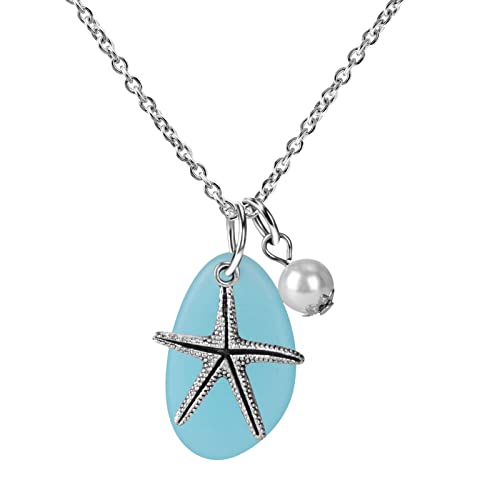 jieGorge Silber Damen Halskette Blue Wind Meer Glas Halskette Draht Strand Halskette Perlenschmuck Halskette mit Kristallanhänger (A, One Size) von jieGorge