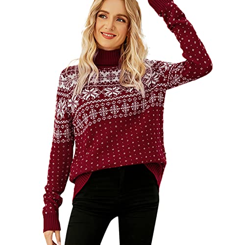 jieGorge Weihnachtspullover Damen Christmas Pullover Jumper Damen Weihnachtsschneeflocke Rentier Warm Strickpullover Langarm Rundhalsausschnitt Weihnachten Pullover Damen Winter Christmas Sweater von jieGorge