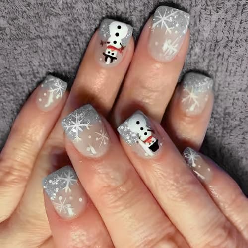 24 quadratische Nägel zum Aufdrücken, Weihnachten, französische künstliche Nägel, Acryl, künstliche Nägel, zum Aufkleben auf Nägel für Damen von jiingekk