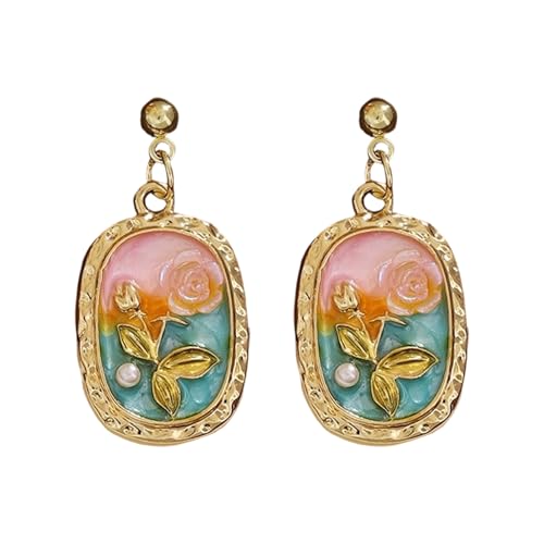 Ohrstecker mit Ölgemälde, Blumen-Ohrschmuck, kleine Blumen-Ohrstecker, geeignet für Jugendliche und jugendliche Erwachsene, quadratisch, Legierung, Ohrringe für Frauen, Einheitsgröße, Wie beschrieben von jiingekk