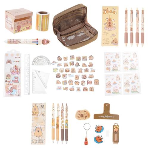jiingekk Cartoon Schule Schreibwaren mit großem Federmäppchen Haftnotizen Gelschreiber Kugelschreiber Büroklammer Aufkleber Lineal Radiergummi PVC Leinwand Capybara Schreibwaren Organizer von jiingekk