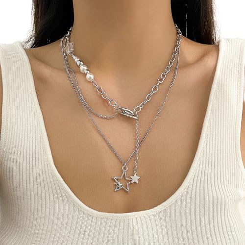 jiingekk Mehrschichtige Halskette mit Stern-Anhänger, Halskette mit Kunstperlen, verstellbare Länge, Schmuck für Damen und Herren, Punk-Halskette für Damen und Herren, Einheitsgröße, Wie beschrieben von jiingekk
