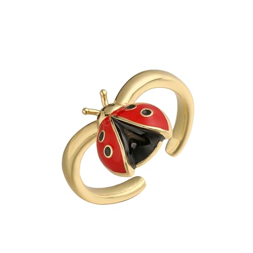 jiingekk Verstellbare, zu öffnende Marienkäfer-Ringe, bunt, tropfenförmig, emaillierte Details, leichter Kupferschmuck für Damen und Mädchen, modisches Accessoire, vielseitiges Design, Kupfer von jiingekk
