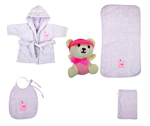 Babyset Kinderset 5 TLG. Bademantel, Badetuch, Waschhandschuh, Lätzchen, Stofftier Verschiedene Designs (Dinosaurier - lila) von jilda-tex