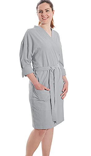 jilda-tex Damen Bademantel Kimono Stone-Washed Renforce Lissabon 100% Bio-Baumwolle Knitterlook Bügelfrei Uni Leinen-Optik Bügelfrei GOTS Made in Green (Hellgrau, One Size (EU 36-42)) von jilda-tex