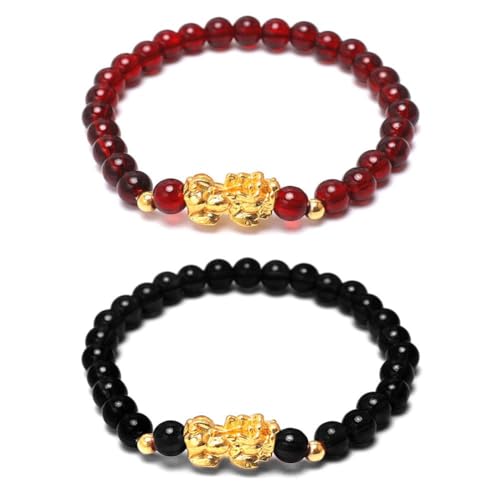 jileijar 2 PCS Feng Shui Reichtum Armband Chinesische Pi Yao Drache Glück Armband Elastische Stein Perlen Amulett Armband für Frauen und Männer 2024 Neujahr Schmuck Geschenk, Legierung, Kein Edelstein von jileijar