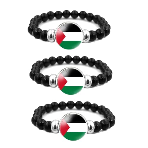 jileijar Armband mit Palästina-Flagge, schwarzes Perlenarmband, elastisch, dehnbar, verstellbar, Armband mit palästinensischer Flagge, Schmuck für Damen und Herren, Unterstützung für Palästina, Stein von jileijar