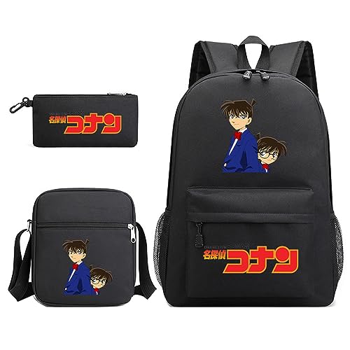 jiminhope Detective Conan Anime 3 Stück Set Rucksack Schreibwaren Taschen Canvas Taschen Handtaschen Student Schulranzen Rucksack Schreibwaren Set Detective Conan Case Closed Conan Umhängetasche von jiminhope