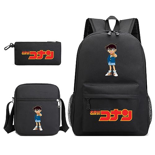 jiminhope Detective Conan Anime 3 Stück Set Rucksack Schreibwaren Taschen Canvas Taschen Handtaschen Student Schulranzen Rucksack Schreibwaren Set Detective Conan Case Closed Conan Umhängetasche von jiminhope