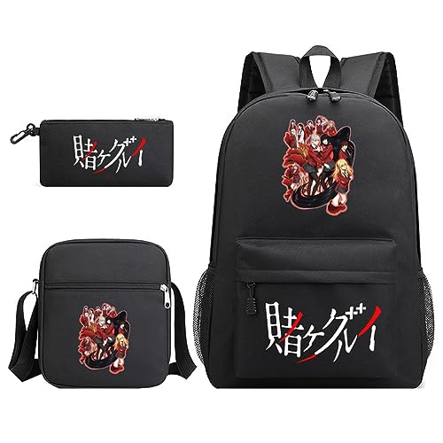 jiminhope Kakegurui Anime 3 Stück Set Rucksack Schreibwaren Taschen Canvas Taschen Handtaschen Student Schulranzen Rucksack Schreibwaren Set Kakegurui Gambling School Jabami Yumeko Umhängetasche von jiminhope