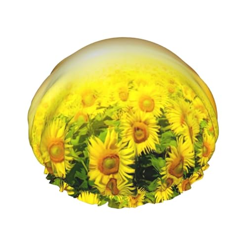 Dreamlike Sunset Of A Sunflower Field print Shower Cap for Women Double Layer Elastic Bath Cap for Home Spa Hotel and Hair Salon von jingong