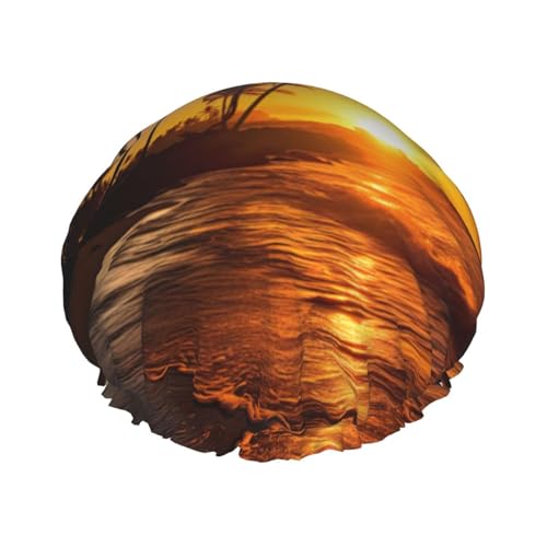 Sunset Hawaiian Palm Tree Wave Print Duschhaube für Frauen, doppellagig, elastisch, Badekappe für Zuhause, Spa, Hotel und Friseursalon von jingong