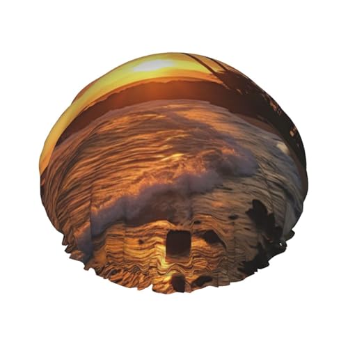 Sunset Hawaiian Palm Tree Wave Print Duschhaube für Frauen, doppellagig, elastisch, Badekappe für Zuhause, Spa, Hotel und Friseursalon von jingong