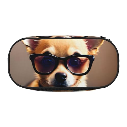 jingong Federmäppchen mit Chihuahua-Hundebrille, 1 Druck, Oxford-Stoff, robust, doppelter Reißverschluss, Aufbewahrung für Kosmetikstifte, Schwarz , Einheitsgröße, Kosmetiktasche von jingong