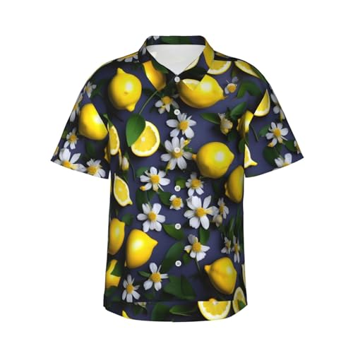 jingong Lemon and Flower Herren Kurzarm Hawaiihemd Casual Strand Top Sommer Button Up Hemd Leicht Weich, Schwarz , XL von jingong