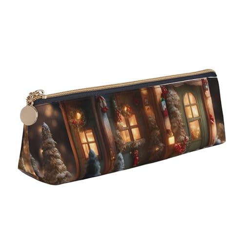 jingong Weihnachts-Dorfhaus mit 4 Dreiecken, Ledertasche mit geräumigem Innenraum, Reißverschluss für Schreibwerkzeuge, Büro, weiß, Einheitsgröße, Kosmetiktasche von jingong