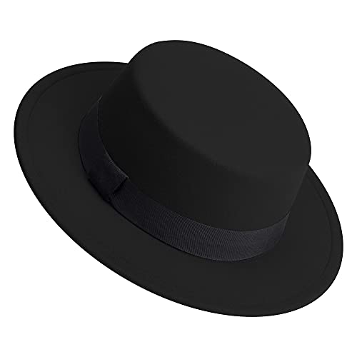 CHENTAI Unisex Vintage Pork Pie Boater Mütze für Damen Herren Filz breite Krempe Fedora Gambler Trilby Sombrero Caps - Schwarz - Einheitsgröße von jingsha