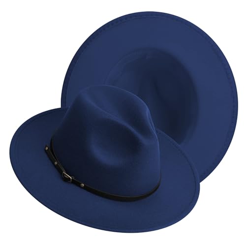 Fedora-Hüte mit breiter Krempe für Damen und Herren, klassischer Filz-Panama-Hut, Herren, zweifarbig, mit Gürtelschnalle, marineblau, Medium von jingsha