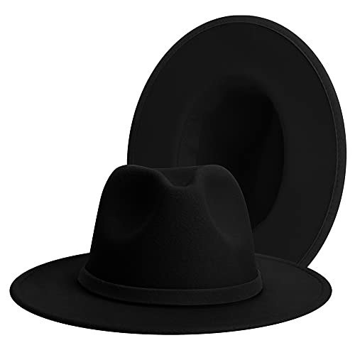 Klassischer Fedora-Hut mit breiter Krempe, für Damen und Herren, zweifarbig, mit Band, verstellbarer Filz-Panamahut, Schwarz, Medium von jingsha